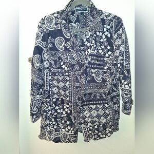 Blue and White paisley/floral print blouse